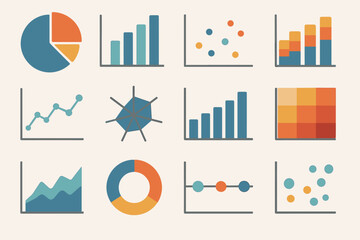 Diverse infographic elements featuring charts and graphs in various styles