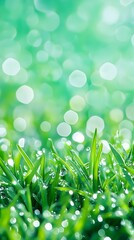 Obraz premium Dewy grass blades close-up, bokeh background, spring freshness, nature wallpaper