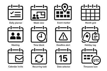Calendar icon set including daily planner, event marker, and deadline alert symbols