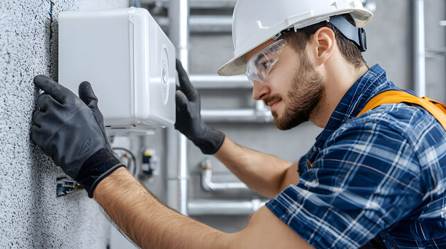 Technician in safety gear inspects an electrical panel mounted on a concrete wall in an industrial setting. - Powered by Adobe