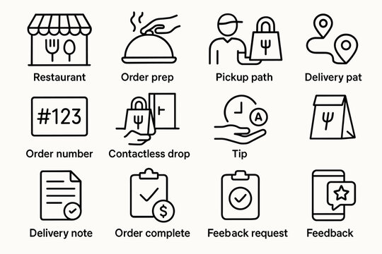 Food delivery process icons: order, pickup, delivery, contactless options, feedback