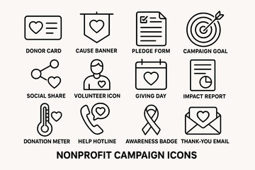 Nonprofit campaign icons with donor card, pledge form, and awareness badge