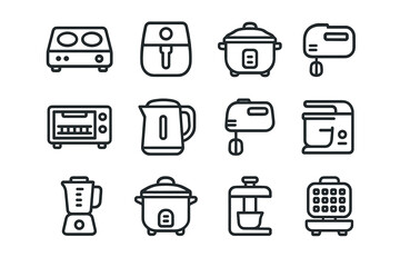 Collection of modern kitchen appliance icons featuring mixers, ovens, and blenders
