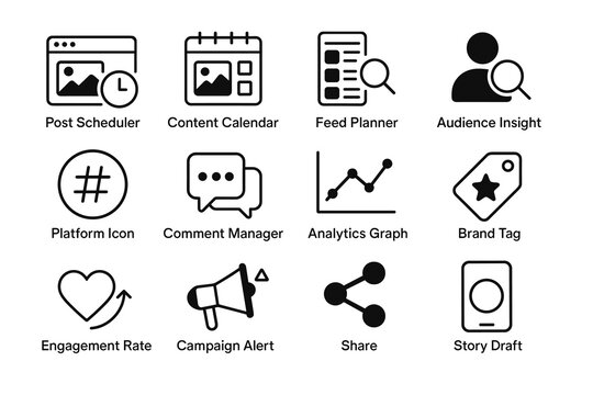 Social media management icons: scheduler, calendar, insights, and more