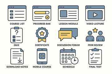 Educational icons: course list, progress bar, lesson module, video lecture, online learning tools