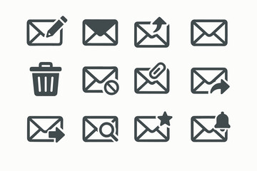 Email icon collection: send, receive, delete, attach, notify, search, star