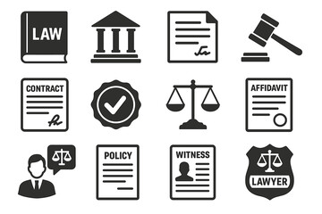 Legal icons set: law book, courthouse, contract, gavel, scales, affidavit, lawyer badge