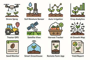 Smart farming technology icons: drone, sensors, irrigation, analytics, gps, ai, tracker