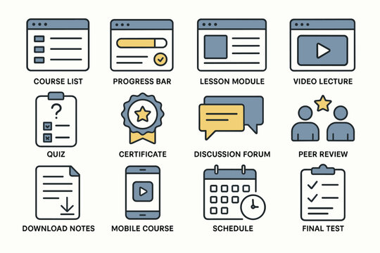 Educational icons: course list, progress bar, lesson module, video lecture, online learning tools