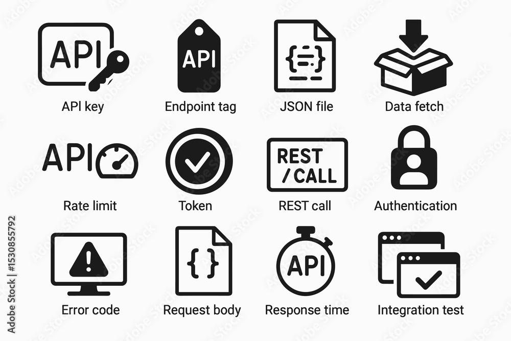 Wall mural api symbols and their functions: key, endpoint, json, rate limit, authentication