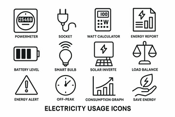 Electricity usage icon set: powermeter, socket, calculator, energy report, battery level, smart bulb