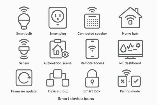 Smart device icons collection: bulb, plug, speaker, hub, sensor, lock, iot dashboard