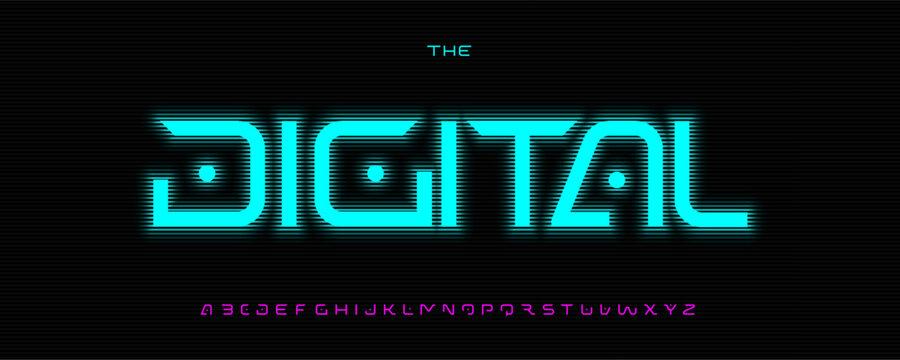 Glitch cyber alphabet, neon digital font, futuristic matrix typeface for tech firewall logo headline, hacker phishing news typography, AI terminal display, encrypted typographic style. Vector typeset