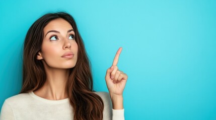 Woman Pointing Upward, Idea, Inspiration,  Concept, Blue Background