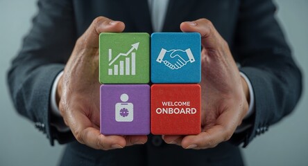Concept of welcome onboard. Onboarding Business Management New Employee,businessman holding a business card with a message