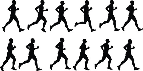 Running man silhouette vector sequence, black male jogger in motion, workout exercise poses for fitness, animation step cycle design