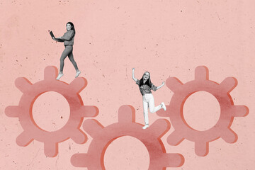 Collage of person working with gears symbolizing teamwork development process hard work in business...