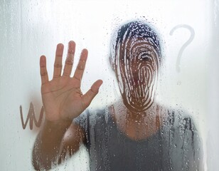 A fogged-up bathroom mirror shows faint tear streaks and a fingerprint trail. A blurred figure...