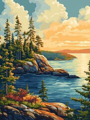 Michigan Illustration. Isle Royale National Park Poster Art Featuring Islands on Lake Superior Shore