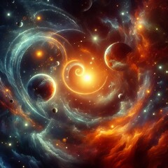 Celestial Dance Abstract planets and galaxies orbiting each othe