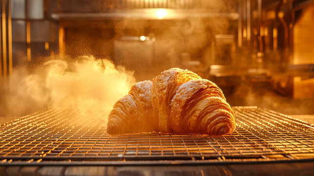 Freshly baked croissants on a wire rack in a bakery oven with steam and golden lighting