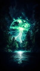 Green lightning strikes forest lake at night