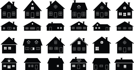 Fototapeta premium Silhouette house icon collection, vector home symbols set, residential buildings, black property shapes, minimalist architecture, modern real estate design