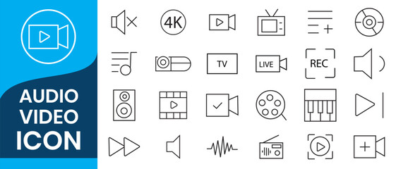 Audio Video icon set. Line icon collection set. Music, Cinema, File, Song, Movie and more. Simple vector icons. Vector illustration