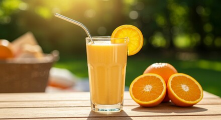 glass of orange juice and oranges