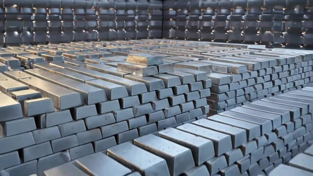 A stack of shiny silver metal bars arranged in neat rows, reflecting light from their polished surfaces.