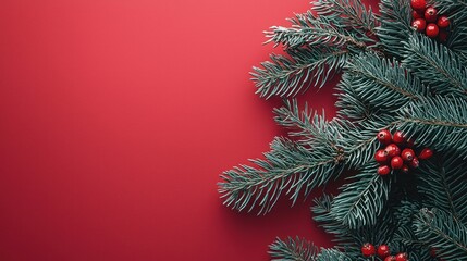 Evergreen boughs with red berries arranged on a solid red background, leaving ample space for text