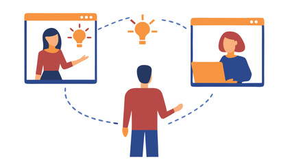 Illustration of a man connecting with two women online for a brainstorming session and idea sharing