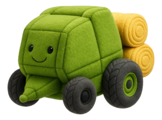 Cute green plush toy tractor with smiling face and yellow hay bales on transparent background.