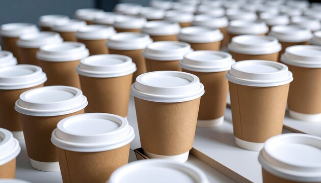Numerous disposable coffee cups arranged neatly on a table in a modern café setting