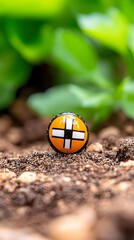 Miniature shield, garden, soil, cross, green background, game
