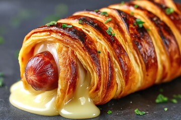 Grilled Hot Dog Wrapped in Pastry with Melted Cheese. Generative Ai