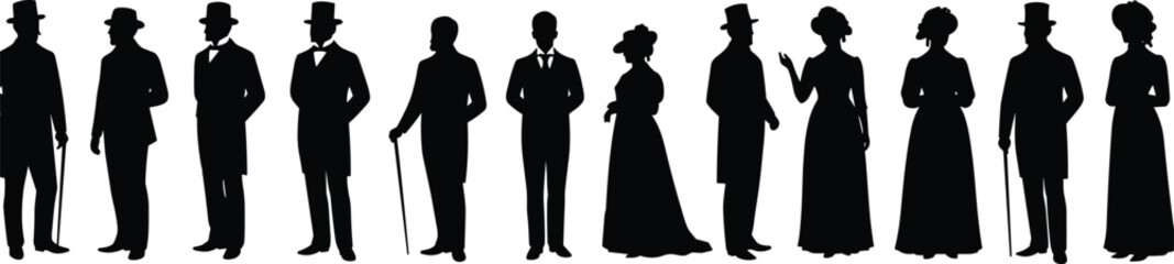 Victorian people silhouettes, retro fashion figures, antique men and women, vintage clothing vector, historical dress clipart