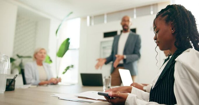 Business, woman and phone distraction in meeting with text message, notification or reading chat. Financial presentation, finance intern or smartphone disruption with email alert or mobile connection