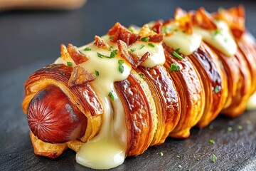 Grilled Hot Dog Wrapped in Pastry with Melted Cheese. Generative Ai