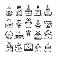 Collection of line art cakes and sweets icons