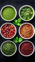 Six spice bowls, dark background, overhead shot, culinary