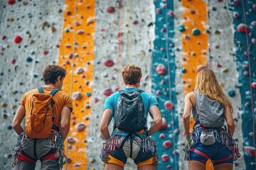 Woman climbing a rock wall with other climbers in background at Santa Monica Mountains, California, during the day
