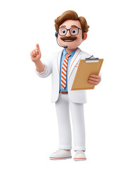 Friendly Cartoon Doctor in White Suit Gesturing with Clipboard