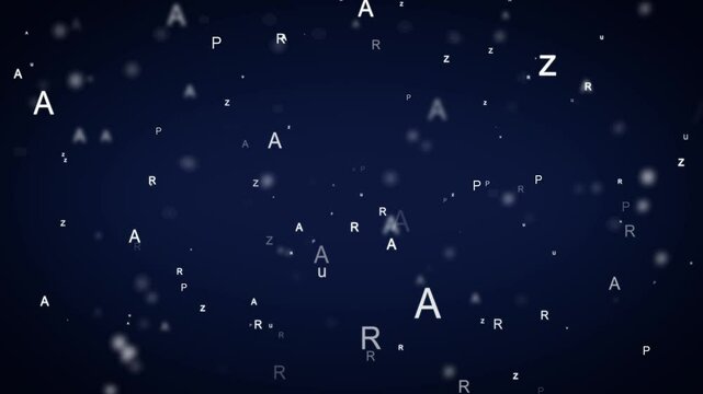 Loop animation of floating letter particles drifting gently on a black background. knowledge, language, literacy, and the flow of education. abstract process of learning,