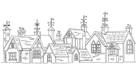 Black and white old style houses illustration