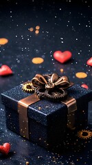 Steampunk Gift Box with Hearts, Confetti, Dark Background