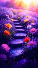 Stone steps ascending through vibrant lavender field at sunrise; peaceful landscape for meditation