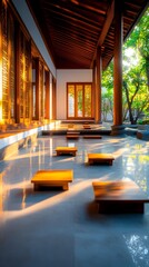 Sunlit Asian garden pathway, wooden steps, serene