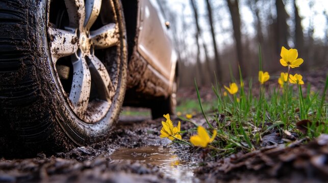 Close-up of muddy car tire with yellow flowers on forest path. Summer Tire Changeover Month