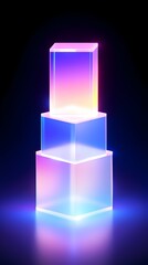 Glowing iridescent cubes display, dark background, product showcase